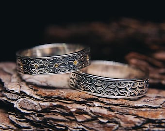 Viking Matching Wedding Bands Set His and Hers Unique Celtic Knots & Citrines Vintage Nordic Style Matching Couple Rings Set Sterling Silver