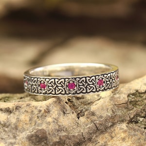 Silver Womens Celtic Wedding Band with Ruby Multi Gemstone — Celtic Knot Ring for Her — Unique Vintage Style Ring — Irish Ring for Wife