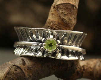 Anxiety Ring Spinner with Unique Peridot - Chunky Sterling Silver Ring by Gemstone Jewelry - Handmade August Birthstone Gift