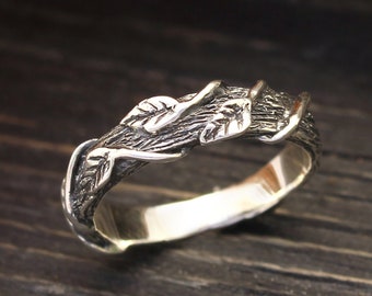 Braided Leaves around Tree Branch Ring, Silver Tree Bark Ring, Nature Wedding Band, Twig Ring, Forest ring, Fairy Ring, Leaf Ring
