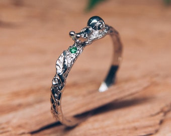 Dainty Snail Ring with Tiny Genuine Emerald on Silver Twig & Leaf - Nature Inspired Ring for Her - Fairy Animal and Tree Ring for Women