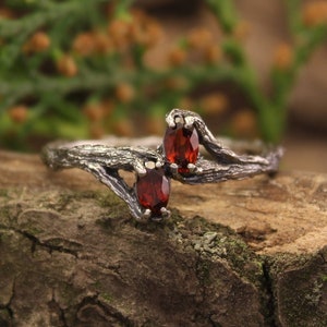 Two Garnets & Tiny Silver Branch Ring, Dainty Tree Twig and Two Stone Engagement Ring, Nature Silver Ring, Ring for bride, Birthstone ring