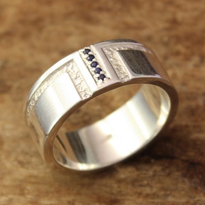 Men's Sapphire wedding band, Unique men's silver band, Sapphire silver ring, Flat wedding ring, Bold men's ring with blue stones