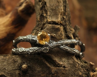 Dainty criss-cross branch engagement ring with Citrine, Unique braided twig ring, Birthstone silver ring, Citrine tiny ring, Gift for her