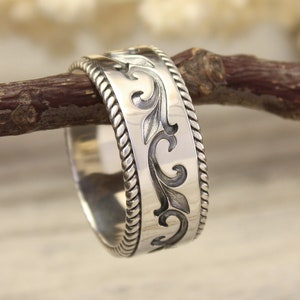 Unique Silver Vine Wedding Band — Filigree edges Wide Vintage Style Ring — Engraved Floral Nature Ring for Him and Her — Posh Wide Band Ring