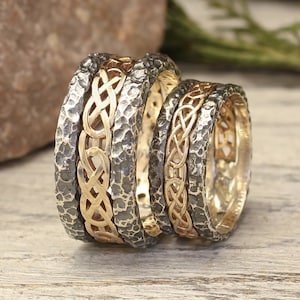 Celtic Knot Mixed Metal Couple Wedding Bands Set His and Hers Unique Gold Chain Hammered Silver Edges Wide Vintage Matching Couple Rings Set