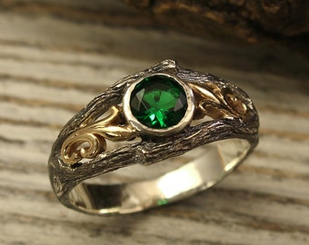 Unique gold vines on a twig engagement ring with emerald, Branch womans ring, Vintage style tree ring, Branch and vines ring, Gift for bride