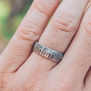 Tree wedding ring, Rustic silver ring, Wood bark band, Men's nature wedding band, Wide wedding ring, Sterling silver ring, Men wedding ring