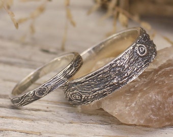 Conjunto de bandas de bodas de plata para él y para ella, anillos a juego de madera para pareja, bandas de eternidad, anillos inspirados en la naturaleza, conjuntos de anillos de bodas en el bosque