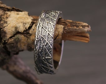 Handmade sterling silver wedding ring for him, Tree bark men's durable wedding band, Gift for men