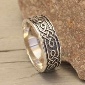 Mens Celtic Wedding Band Wide Silver Ring Viking Wedding Ring Vintage style ring Scottish Ring Brutalist Sterling Silver Band image 1