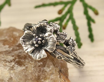 Blue Sapphire in Poppy Sterling Silver Ring — August Birth Flower Ring — Unique Nature Engagement Ring — Many Leaves on Blooming Floral Ring