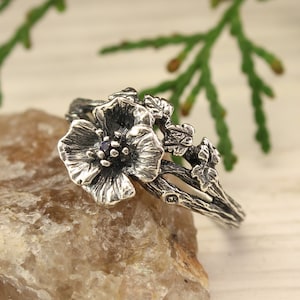 Blue Sapphire in Poppy Sterling Silver Ring — August Birth Flower Ring — Unique Nature Engagement Ring — Many Leaves on Blooming Floral Ring