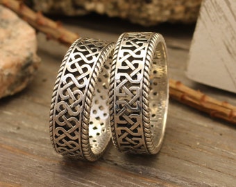 Vintage Style Filigree Unique Matching Wedding Bands Set - Wide Twisted Silver Wedding Ring Set His and Hers - Viking Braids Couple Rings