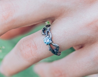 Small branch swiss topaz engagement sterling silver ring, Dainty women's wedding ring, Promise blue stone ring, Lady's unique tree bark ring
