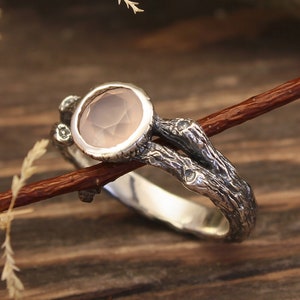 Silver Branch & Dainty Rose Quartz Ring Unique Nature Engagement Ring Nontraditional Wedding ring for Women Christmas Gift Girlfriend image 3