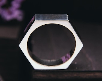 Brutalist Hexagon Silver Ring Men - Minimalist Geometric Ring - Brutalist Ring Sterling Silver - Simple Hexagon Ring - Gift for Husband