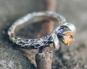 Rocky engagement ring with Citrine, Hammered sterling silver ring, Rustic style ring, Unique woman 39 s ring, Rough relief engagement ring