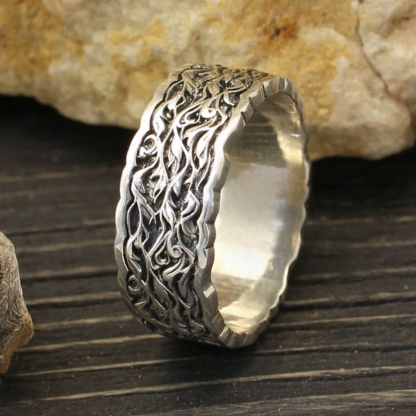 Mens Chunky Silver Ring — Engraved Vine pattern & Wavy edges — Wide Band Ring — Alternative Wedding Ring — Vintage Style Ring