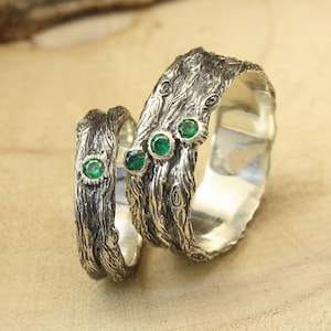 Emerald & Branch Matching Wedding Band Set His and Hers Unique — Tree Bark Silver Couples Rings Set — Handmade Jewelry Rings Sterling Silver