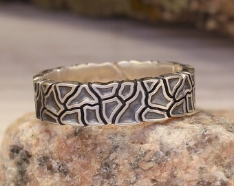 Brutalist solid sterling silver band inspired by nature, Fathers day eco friendly gift, Man's wedding band