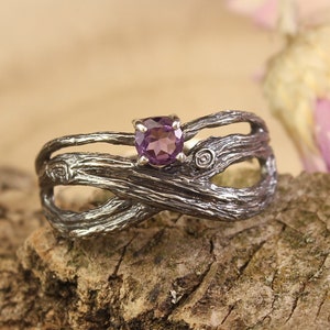 Natural Amethyst Infinity ring for Her — Large Silver Braided Twig Ring — Statement Tree Branch ring — Inspired by Nature Engagement Ring