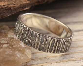 Silver Rustic Wedding Band for Him, Textured in Wood Ring for Strong Men, Brutalist Tree Bark Ring, Nature inspired Ring & Gift for Husband