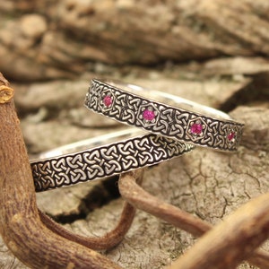 Celtic Knot Couple Wedding Bands Set Silver Irish Design with Ruby Gems Matching Celtic Rings Set His and Hers for Anniversary Vintage Style