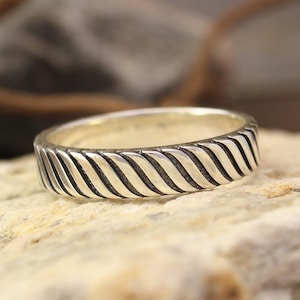 Sterling Silver Wedding Ring inspired by Nature, Eco friendly durable band for everyday, Oxidized ring with unusual pattern for man
