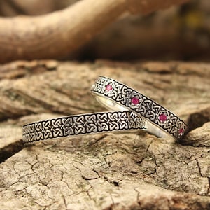 Delicate Celtic Knot Matching Wedding Bands His and Hers — Pink Gems in Irish Silver Couple Rings Set, Vintage Style Celtic Wedding Ring Set