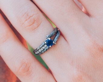 Two twig engagement ring with sapphire, Branch and sapphire ring, Birthstone silver ring, Unique womens sapphire ring, Nature inspired ring