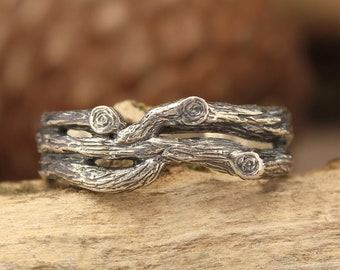 Handmade Silver Gift for Her, Rustic Wedding ring for Him, Intertwined Wood twigs on finger, Engagement ring, Wrap ring for Him and Hers