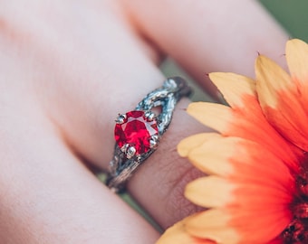 Tree engagement ring with Ruby, Unique twig engagement ring, Ruby engagement ring in silver, Women's branch ring, Unusual engagement ring