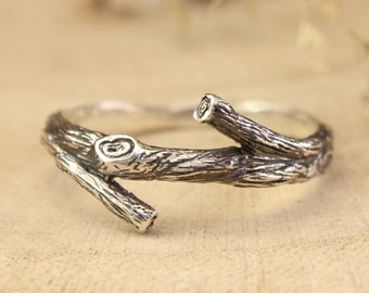 Minimalist twig ring for Her, Silver Boho rings for Him and Hers, Wooden Wedding rings, Forest Engagement ring for Beloved