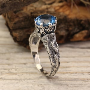 Topaz wood ring for Her, Unusual Engagement ring with large Gemstone, Dainty Silver Woman's ring