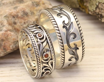 Paar Vintage-Stil Granat Ringe für Sie und Ihn, passende Silber Eheringe Sets, Naturringe für Braut und Bräutigam