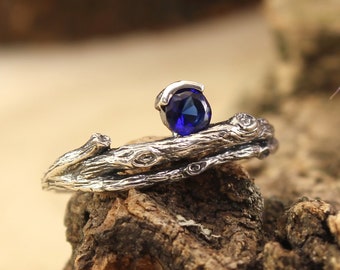 Wrap Twig Ring Inspired by Nature - Sapphire Wood Ring for Her - Unusual Forest Silver Ring with Shiny Gemstone - September Birthstone Ring