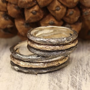 Forest Tree Mixed Metal Matching Wedding Bands Set His and Hers Unique Silver & Gold, Rustic Nature inspired Matching Couple Rings Set