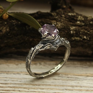Amethyst chevron engagement ring, Tree bark sterling silver V-ring for her, Twig engagement ring with amethyst, Christmas gift for grandma
