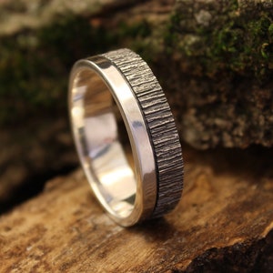 Polished plain Strip & Tree bark Ring — Nature Inspired 925 Sterling Silver Mens Wedding Band Unique 2 halves Wood textured and Plain part