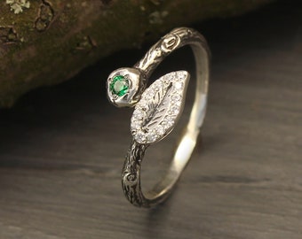 Emerald Open Ring with Shiny Gemstones on Dainty Silver Leaf - Real Birthstone Ring - Natural Emerald Ring - Nature Inspired Jewelry