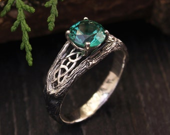 Green Quartz & Celtic pattern Silver Ring, Braided Twig Engagement Ring with Tree bark, Unique Design Ring for Women