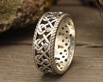 Vintage Style Silver Filigree Wedding Band Multi Gems — Wide Celtic Wedding Ring — Twisted pattern Chunky Ring in Medieval Jewelry Tradition
