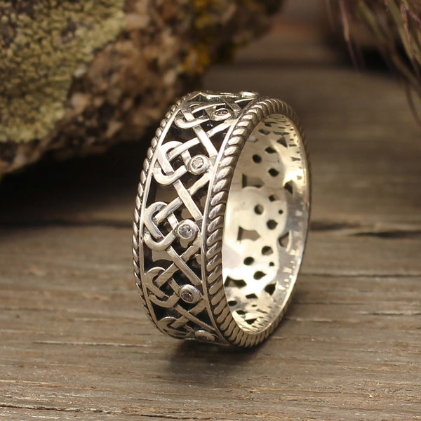 Vintage Style Silver Filigree Wedding Band Multi Gems — Wide Celtic Wedding Ring — Twisted pattern Chunky Ring in Medieval Jewelry Tradition