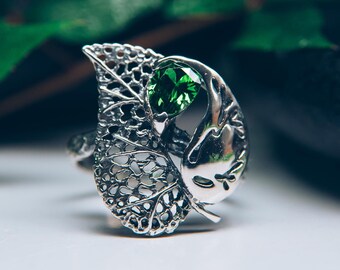 Statement Heart Shaped Leaf Ring Nature Inspired Pear Green Stone Unique Large Silver Cocktail Ring for Women Floral Design Custom Gemstone