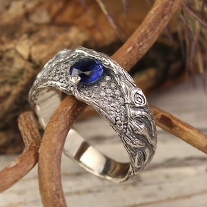 Chunky Blue Sapphire ring with Cubic Zirconia pave. Silver Multi gemstone ring with tree branch texture is ideal wedding band for Her
