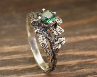 Statement silver branch and leaf ring with Green Quartz, Engagement delicate ring for women, Unique ring for her