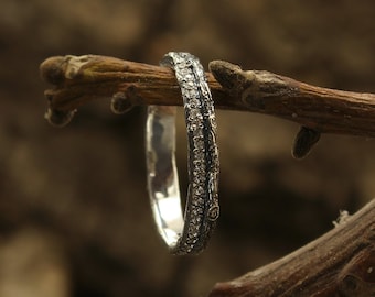Unique woodbark dainty wedding band for women, Her nature wedding ring, Tree wedding band with CZ, Sterling Silver band, Anniversary gift