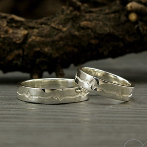 Heartbeat engagement rings, Heartbeat silver wedding bands, Matching promise rings, Silver rings, His and her ring set, Unique silver bands