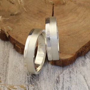 Two tone Silver & Diamond Unique Wedding Ring Set His and Hers - Aesthetic Shiny Matte Couple Matching Wedding Bands Set Classic Style